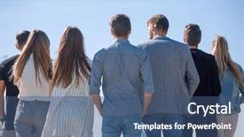  Presentation with small group top view - Presentation theme featuring expresso oriente - rear view group of friends background and a ocean colored foreground