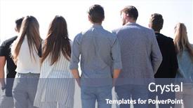  Presentation with small group top view - Cool new slide set with expresso oriente - rear view group of friends backdrop and a ocean colored foreground