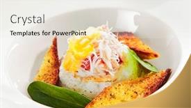  Presentation with white plate - Colorful theme enhanced with exquisite-serving-crab-cake-napoleon backdrop and a sky blue colored foreground