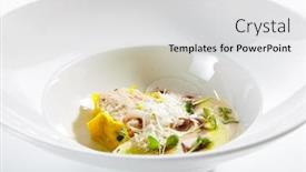  Presentation with restaurent - Cool new PPT theme with exquisite-serving-crab-meat-ravioli backdrop and a light gray colored foreground