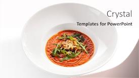  Presentation with minimalist - Theme enhanced with exquisite serving spicy tomato soup with fried mussels and chili pepper on white restaurant plate isolated high cuisine delicious seafood gazpacho with greens and spices in minimalist style background and a white colored foreground
