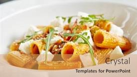  Presentation with white marble plate marble - Audience pleasing slides consisting of exquisite serving white restaurant plate of homemade rigatoni in tomato sauce with milk mozzarella close up stylish high kitchen italian penne pasta tubes on natural black marble background backdrop and a yellow colored foreground