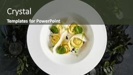  Presentation with restaurant - Colorful presentation design enhanced with plate of homemade crab dumplings backdrop and a tawny brown colored foreground