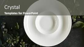  Presentation with porcelain - PPT theme featuring exquisite serving white restaurant plate template on natural dark stone and leaves background top view with place for text blank porcelain dish mockup for your design background and a dark gray colored foreground