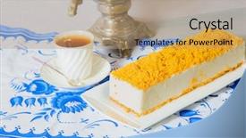  Presentation with blue orange white - Beautiful presentation design featuring exquisite white cheesecake sprinkled with sweet orange crumbs professional bakery the background is samovar and porcelain white cup with hot tea on blue kitchen towel backdrop and a coral colored foreground