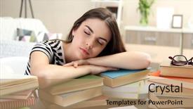  Presentation with reading table - Slide set featuring exretion - young woman fell asleep while background and a  colored foreground