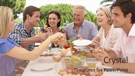  Presentation with extended family - Audience pleasing presentation design consisting of extended family group enjoying outdoor backdrop and a coral colored foreground