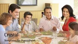 Presentation with extended family - Colorful presentation theme enhanced with extended hispanic family enjoying meal backdrop and a coral colored foreground