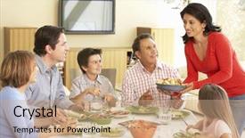  Presentation with extended family - Colorful PPT theme enhanced with extended hispanic family enjoying meal backdrop and a coral colored foreground