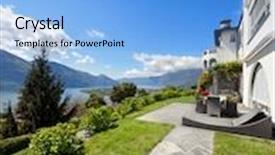  Presentation with villa - Presentation theme consisting of exterior of a beautiful villa patio with furniture background and a light blue colored foreground