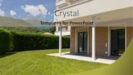  Presentation with nobody - PPT theme featuring exterior of house with green garden during a sunny day nobody inside background and a mint green colored foreground