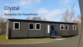  Presentation with sardines school in blue sea - Audience pleasing PPT theme consisting of exterior of mobile school classroom backdrop and a  colored foreground