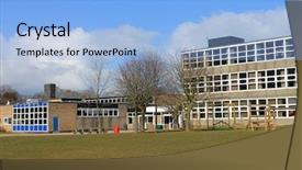  Presentation with modern school building - Cool new theme with exterior of modern school building backdrop and a light blue colored foreground