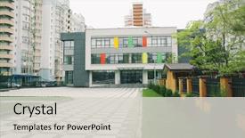  Presentation with modern building - Presentation theme featuring exterior of modern school building background and a light gray colored foreground