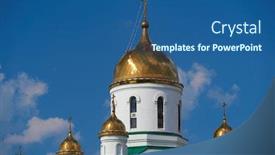  Presentation with church blue - Colorful presentation design enhanced with exterior-of-the-orthodox-church backdrop and a ocean colored foreground