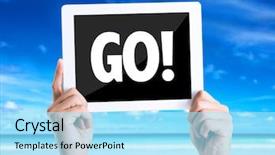  Presentation with tablet - Colorful slide set enhanced with extra mile - tablet pc with text go backdrop and a arctic colored foreground