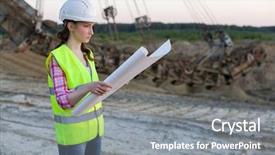  Presentation with worker - Slide set consisting of extractive industri - female worker examines drawing background and a gray colored foreground