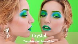  Presentation with green color - Theme enhanced with extravagant festival - young woman with bright green background and a  colored foreground