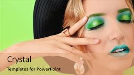  Presentation with green color - Audience pleasing theme consisting of extravagant festival - young woman with bright green backdrop and a  colored foreground