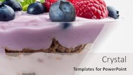  Presentation with fruit yogurt - Theme featuring extreme close-up image of fruit yogurt and cereal on white background background and a light gray colored foreground