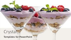 Presentation with fruit yogurt - PPT theme consisting of extreme close-up image of fruit yogurt and cereal on white background background and a soft green colored foreground