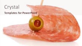  Presentation with olive - Amazing theme having extreme close-up image of salami with olive backdrop and a lemonade colored foreground