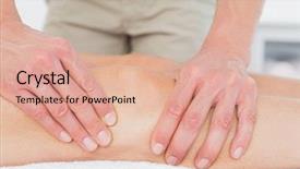  Presentation with extreme - Presentation consisting of extreme close-up of a male physiotherapist examining a young woman's leg in the medical office background and a coral colored foreground