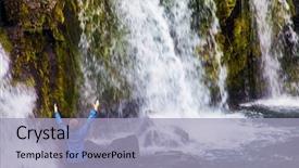  Presentation with waterfall woman - Colorful theme enhanced with extreme tourism waterfall kirkjoufellfoss elderly backdrop and a light blue colored foreground
