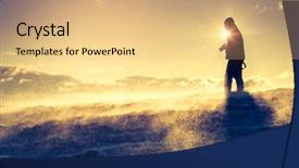  Presentation with mountain top - PPT theme enhanced with extreme weather - hiker standing on top background and a coral colored foreground