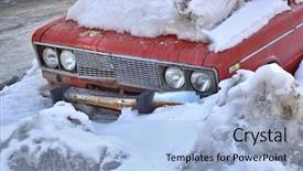  Presentation with old car - Presentation theme consisting of extreme weather - old red car under snow background and a light blue colored foreground