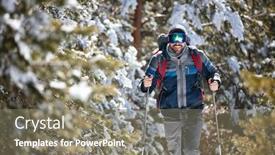  Presentation with winter sports - Presentation theme featuring extreme winter sports - smiling man hiking in the mountains background and a gray colored foreground