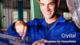  Presentation with heavy industry - Theme consisting of extruder - happy caucasian mechanic repairing heavy background and a navy blue colored foreground