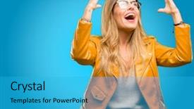  Presentation with wow - Presentation design having exuberance - beautiful young woman happy background and a cyan colored foreground