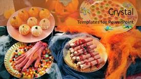  Presentation with food plate starter or entree - Audience pleasing slide set consisting of eye ball - some plates with halloween food backdrop and a gold colored foreground