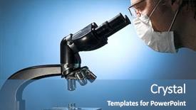  Presentation with microscope - Colorful slides enhanced with eye biology - male researcher looking through microscope backdrop and a teal colored foreground