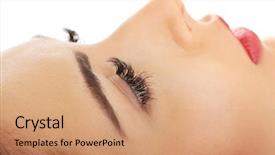  Presentation with beautiful fresh leaves water drops - Beautiful presentation design featuring eye brows - beautiful glamour woman with fresh backdrop and a  colored foreground