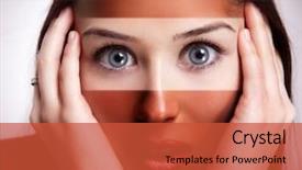  Presentation with tan - Colorful presentation theme enhanced with eye cancer - sunburn concept - worried woman backdrop and a red colored foreground
