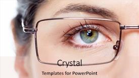  Presentation with eye care - Cool new slide deck with eye care - business woman with eyeglasses isolated backdrop and a lemonade colored foreground