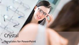  Presentation with eye care - Amazing PPT theme having eye care - pretty young woman choosing new backdrop and a lemonade colored foreground