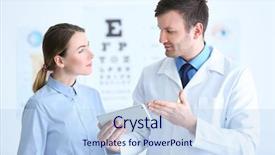  Presentation with ophthalmologist - Audience pleasing slides consisting of eye care - woman visiting male ophthalmologist backdrop and a light blue colored foreground