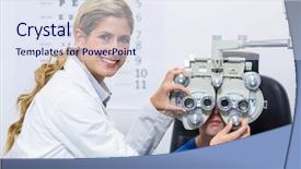  Presentation with optometrist - Slides with eye chart - female optometrist examining young patient background and a sky blue colored foreground
