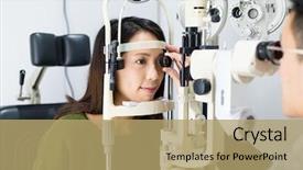  Presentation with eye disease - PPT theme with eye disease - woman checking vision with tonometer background and a coral colored foreground