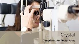  Presentation with eye disease - Colorful PPT theme enhanced with eye disease - woman look in ophthalmoscope backdrop and a mint green colored foreground