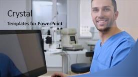  Presentation with ophthalmologist - Beautiful PPT theme featuring eye doctor - handsome young ophthalmologist working backdrop and a light blue colored foreground