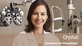  Presentation with surgery - Beautiful presentation theme featuring eye doctor - portrait of female optician backdrop and a coral colored foreground