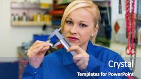  Presentation with apprentice - Presentation design featuring apprentice apprentice in the metal industry measure a workpiece in the workshop rare female occupations background and a ocean colored foreground