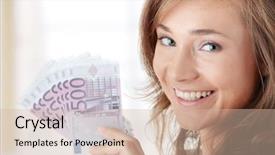  Presentation with happy young student girl holding - Slide deck consisting of happy young woman holding money background and a soft green colored foreground