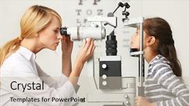  Presentation with metabolic syndrome doctor examining - Presentation theme featuring eye hospital - adult female doctor examing small background and a soft green colored foreground