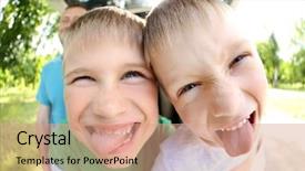  Presentation with camera - Presentation theme having eye lenses - funny boys looking into camera background and a coral colored foreground