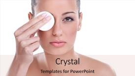  Presentation with face wash woman washing up - Slide deck consisting of eye makeup - woman using cotton pad background and a coral colored foreground